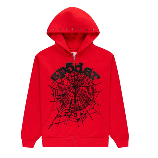 Sp5der OG Web Studded Zip Hoodie Red