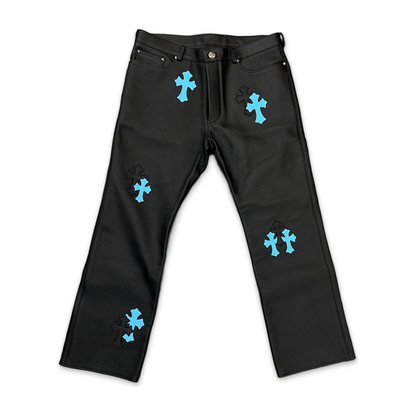 Chrome Hearts Black & Blue Cross Leather Jeans Black