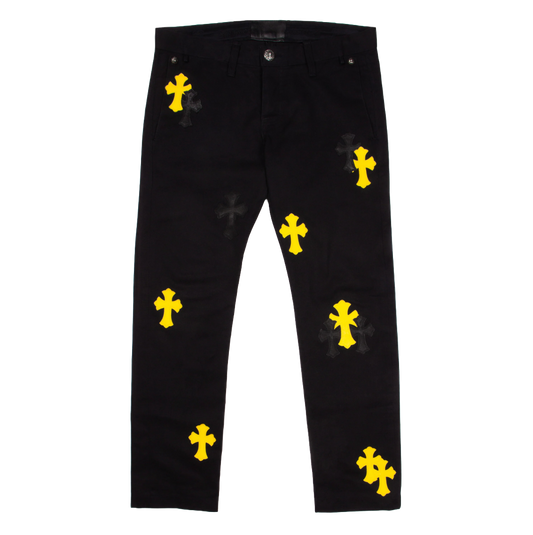 Chrome Hearts Black & Yellow Leather Cross Patch Chino Pants Black