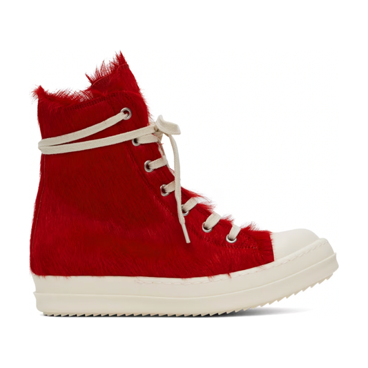 Rick Owens High-Top Unshaved Calf-Hair Sneakers Cardinal Red/Milk