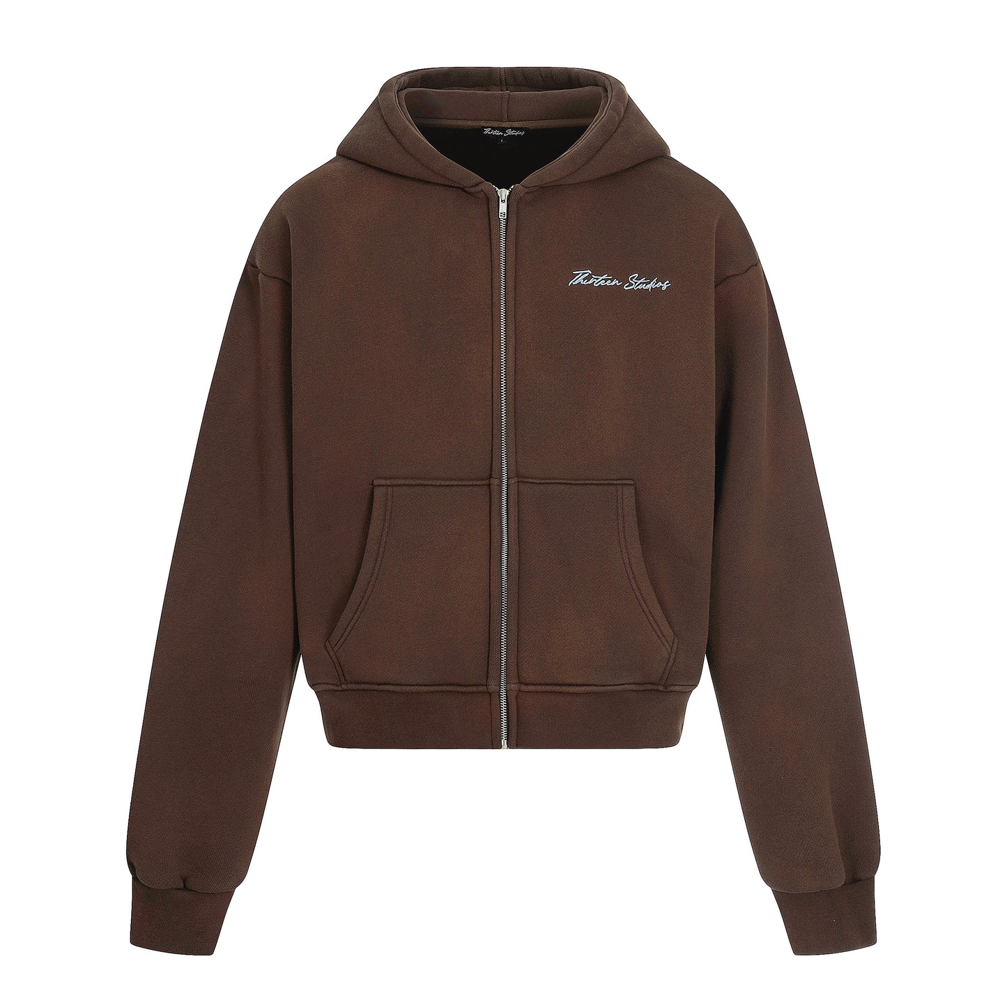 Thirteen Studios Embroidered Logo Relaxed Zip-Up Hoodie Brown