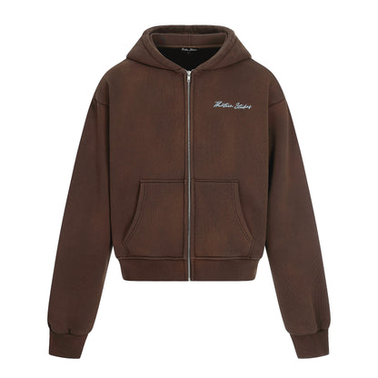 Thirteen Studios Embroidered Logo Relaxed Zip-Up Hoodie Brown