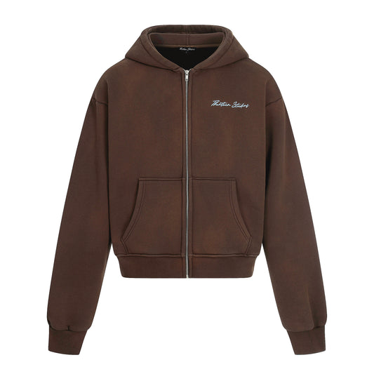Thirteen Studios Embroidered Logo Relaxed Zip-Up Hoodie Brown
