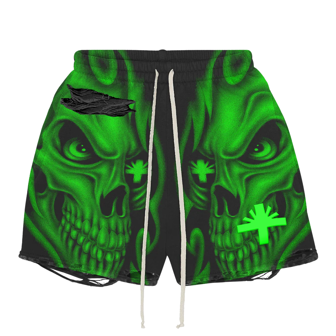 Vertabrae Skull Storm Distressed Shorts Green