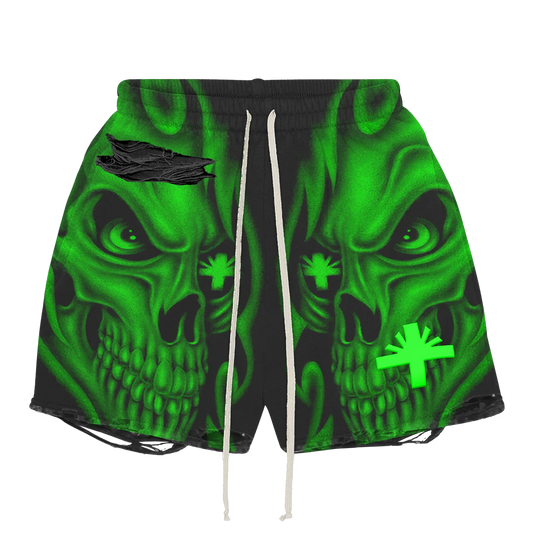 Vertabrae Skull Storm Distressed Shorts Green