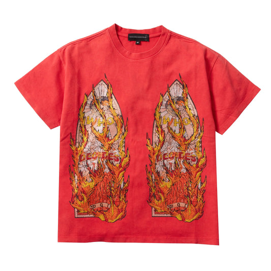 Who Decides War Rhinestone Flame Glass Jersey T-Shirt Ruby