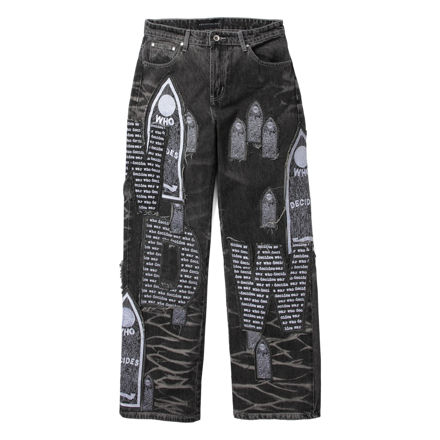 Who Decides War Motif Patched Denim Jeans Vintage Grey