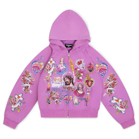 We Are Righteous Risen King Cropped Zip-Up Hoodie Purple