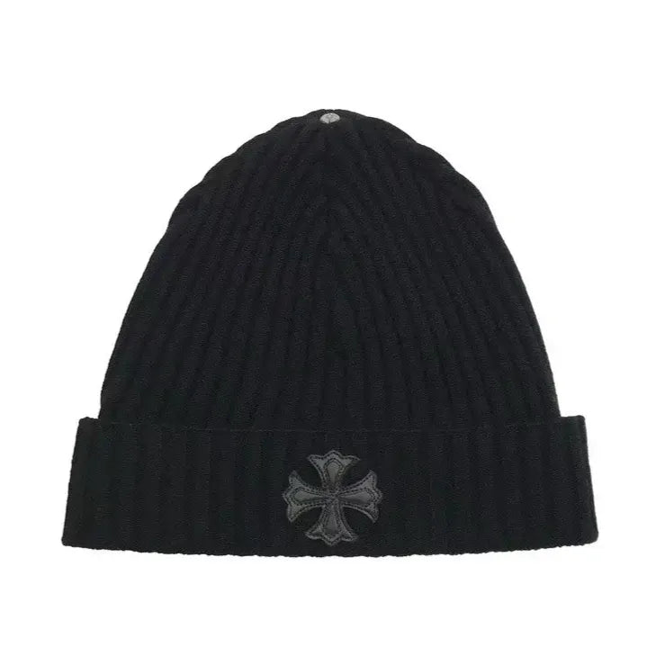 Chrome Hearts Leather Plus Cross Patch Cashmere Beanie Black