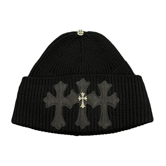 Chrome Hearts Leather Triple Cross & Silver Cemetery Cashmere Beanie Black