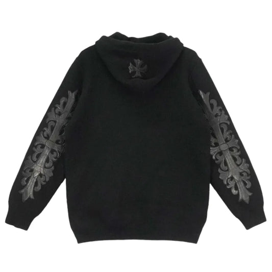 Chrome Hearts Leather Floral Sleeve Cashmere Hoodie Black