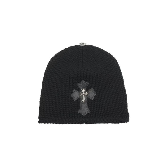 Chrome Hearts Leather & Silver Cemetery Cross Patch Knit Beanie Black