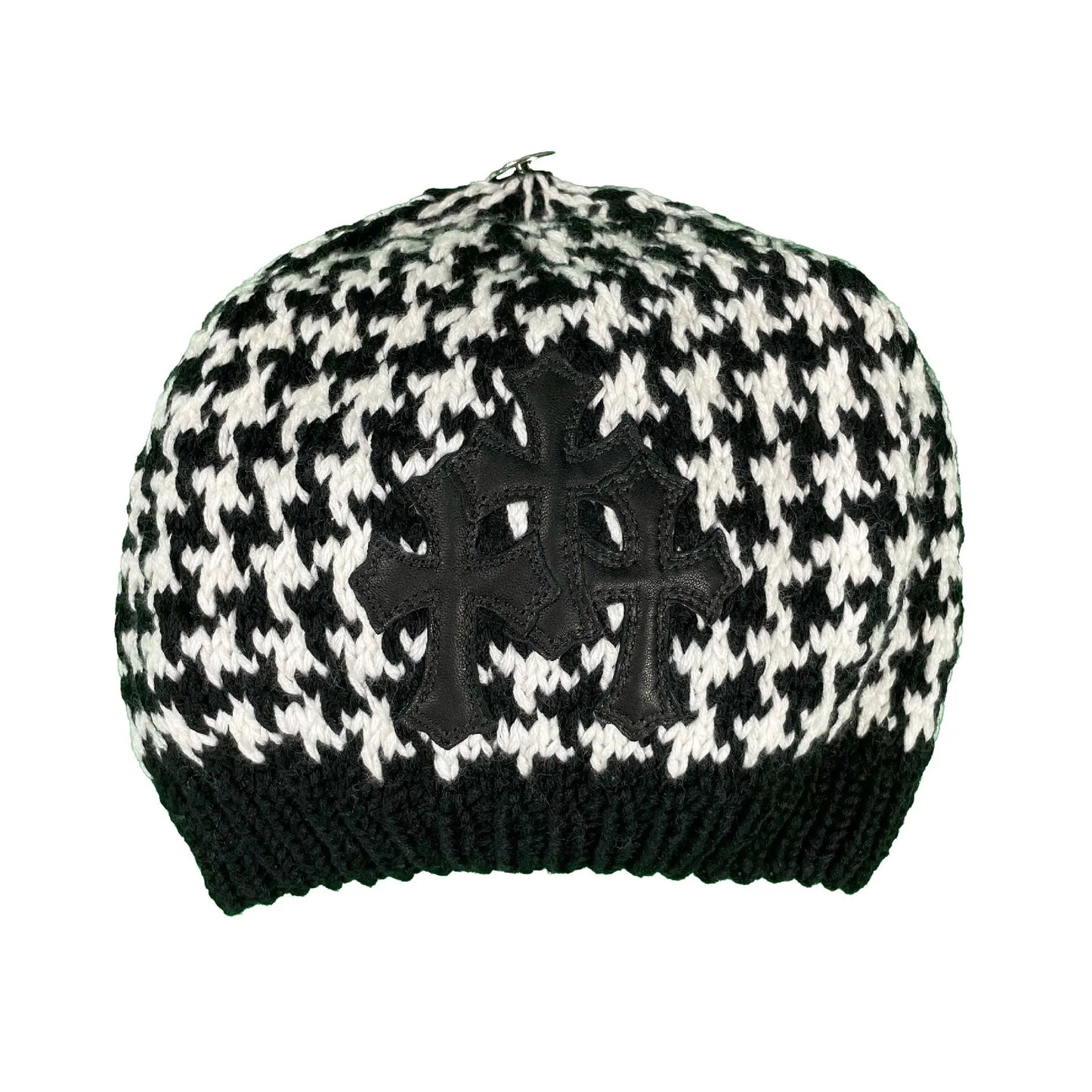 Chrome Hearts Houndstooth Leather Triple Cross Knit Cashmere Beanie Black/White