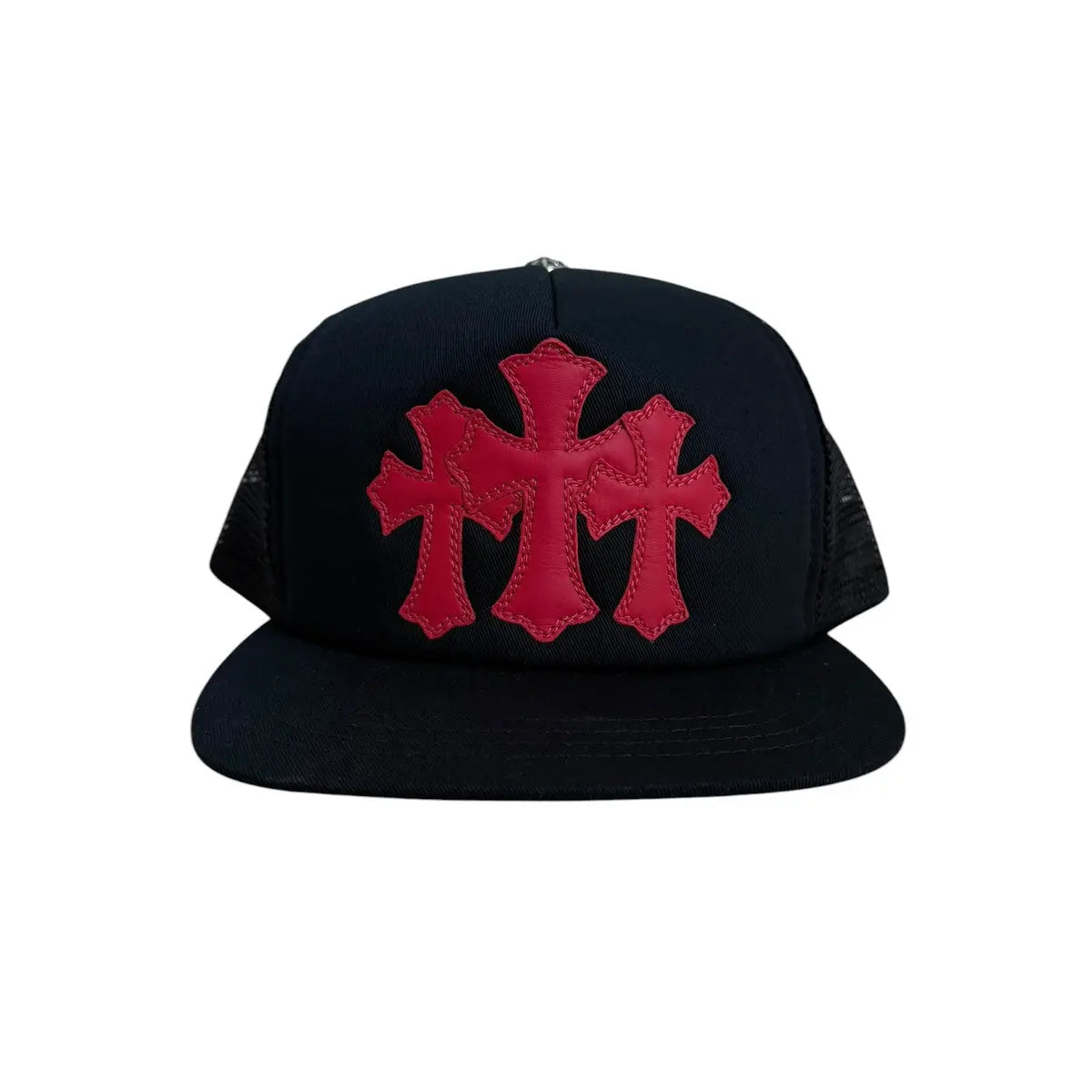 Chrome Hearts Leather Cemetery Cross Patch Trucker Hat Black/Red