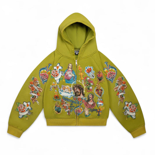 We Are Righteous Risen King Cropped Zip-Up Hoodie Moss