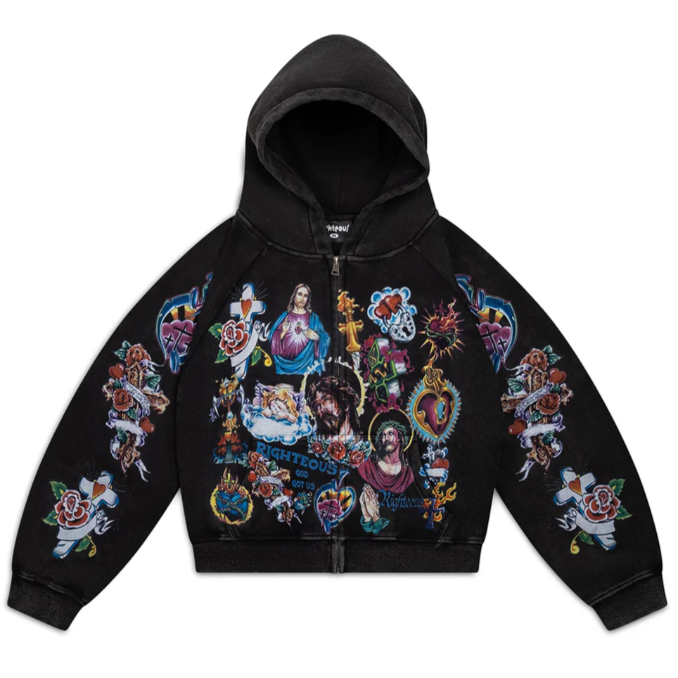 We Are Righteous Risen King Cropped Zip-Up Hoodie Black