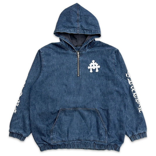 Chrome Hearts Leather Cemetery Triple Cross Denim Quarter-Zip Jacket Indigo