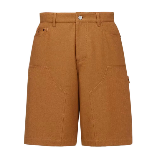 MCM Leather Monogram Print Cotton Twill Shorts Cognac