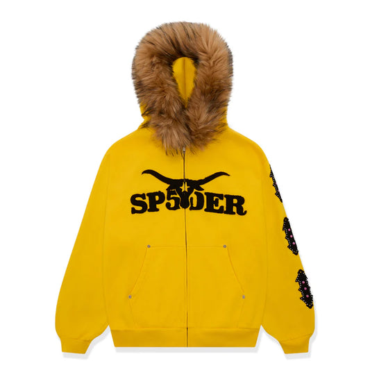 Sp5der Fur Hooded Zip Up Sweatshirt