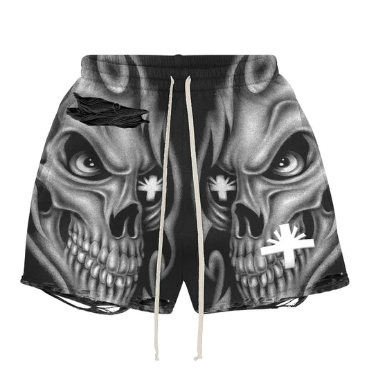 Vertabrae Skull Storm Distressed Shorts Black