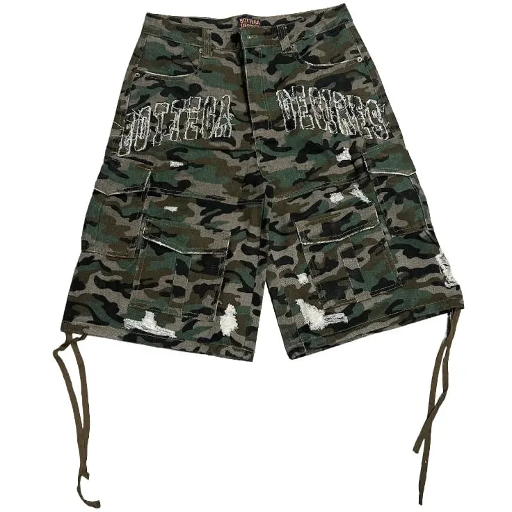 Bottega Desires Distressed Camo Cargo Shorts