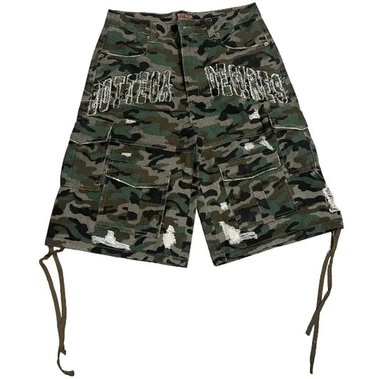 Bottega Desires Distressed Camo Cargo Shorts